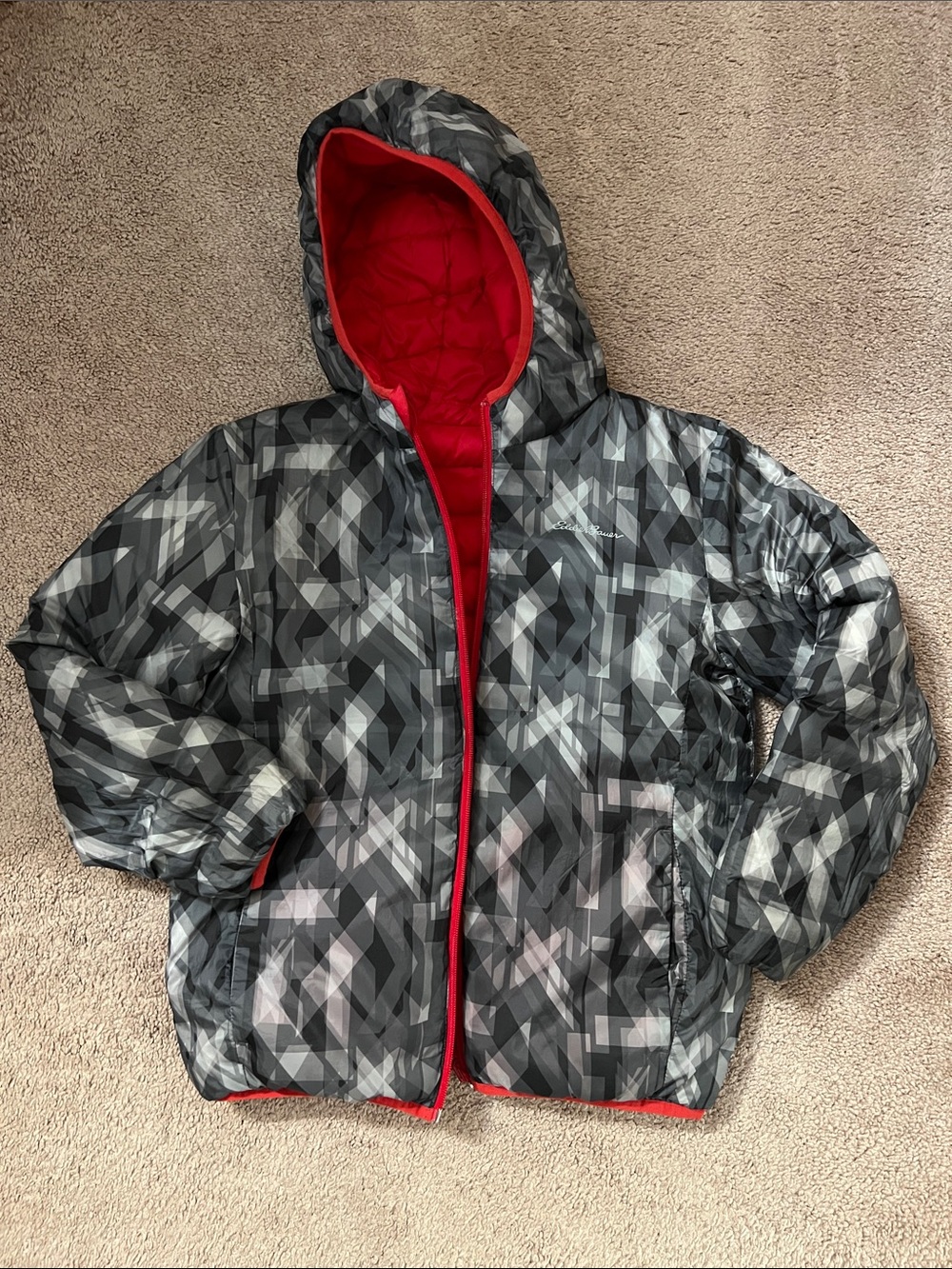 Eddie Bauer Kids Red Quilted Puffer Jacket with Hood (reversible) - Picture 3 of 3